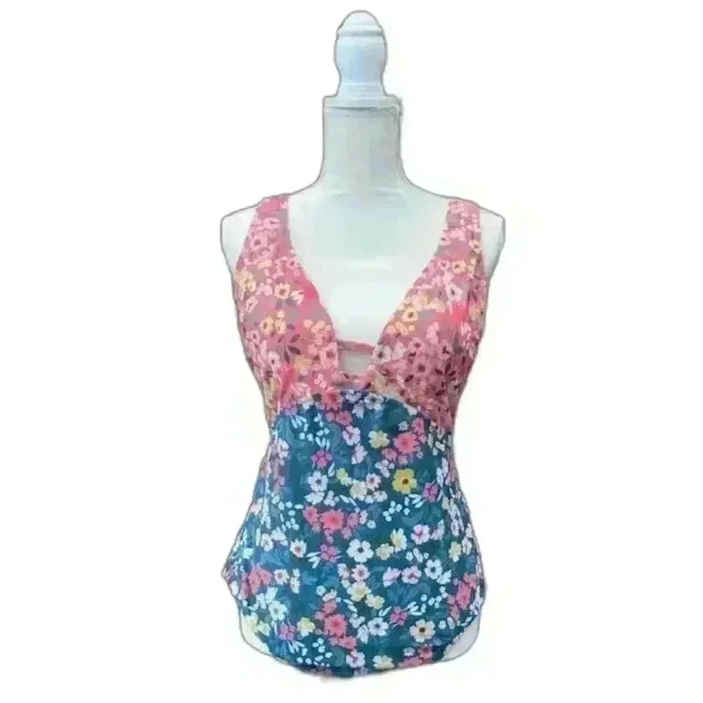 Palisades Beach Club NWT V-Neck Bodice One Piece Floral Print Swimsuit Size L